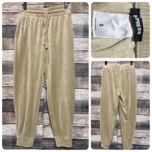 Express Velour Jogger Pants Women’s S Beige Tan Tapered (Inseam 25.5) Drawstring